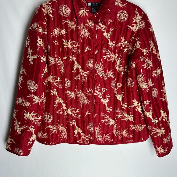 CAROLE LITTLE Womens Mandarin Print Blazer Jacket Size L Red Silk Button Down - Picture 4 of 8